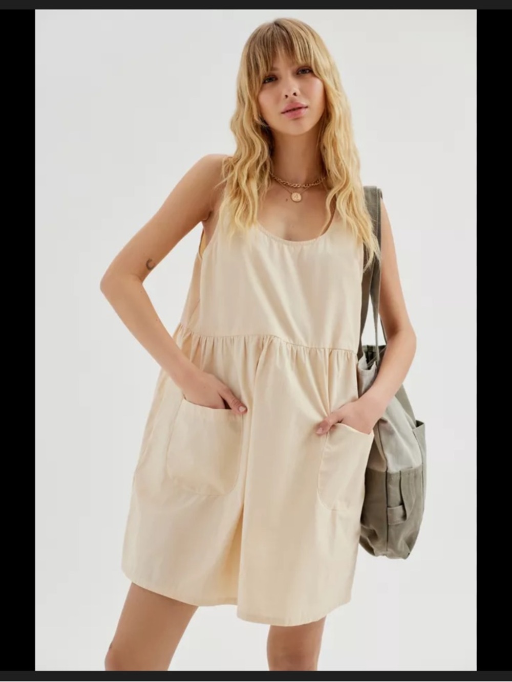 Urban Outfitters Beatrix Poplin Creme Sleeveless Pinafore Mini Dress- Size Large